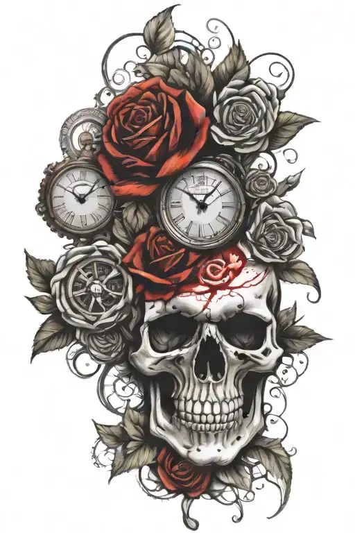 Skull with roses and clocks and blood tattoo design idea
