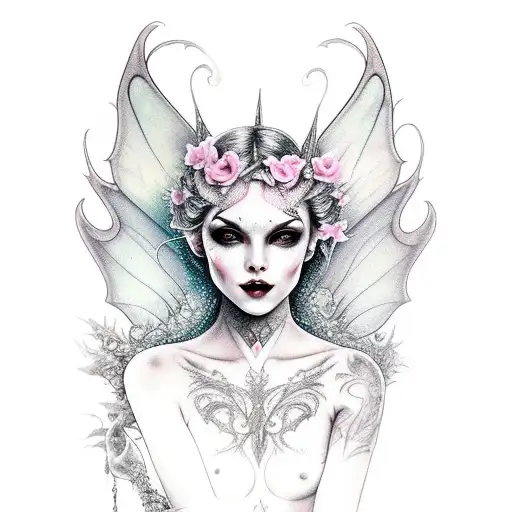 dark evil but feminine fairy, with open wounds and a toothy smile tattoo design idea