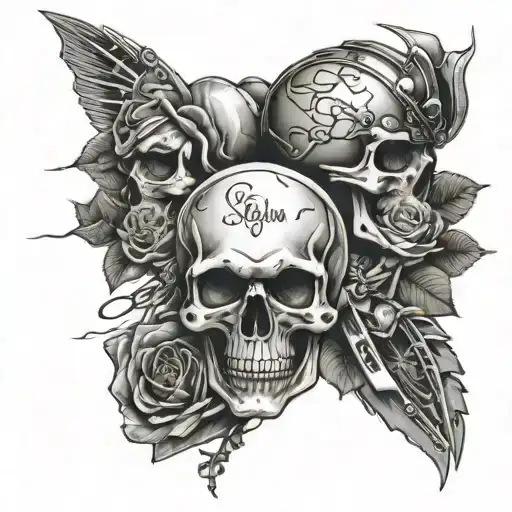 skull, helmets, 200km/h counter, roses, text ready to race tattoo design idea