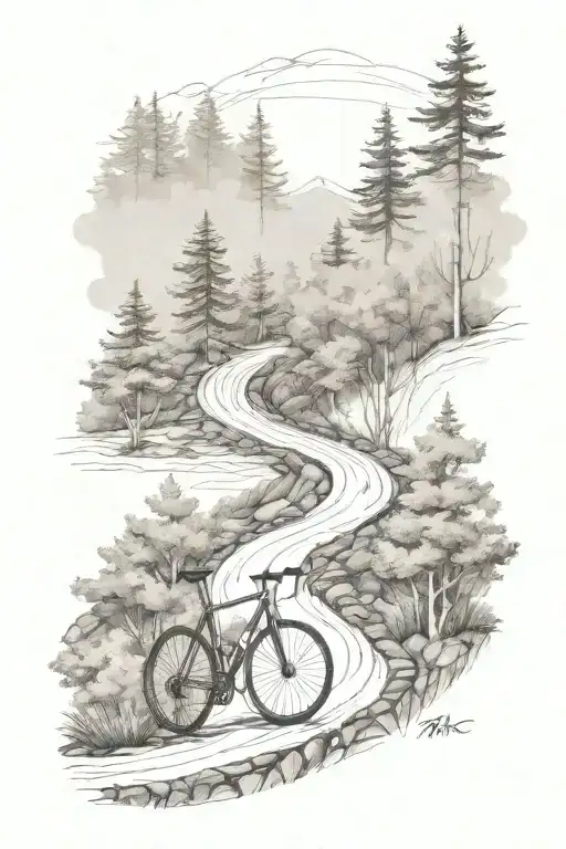 A sketch of a winding road through a forest with a gravel bike at the forefront tattoo design idea