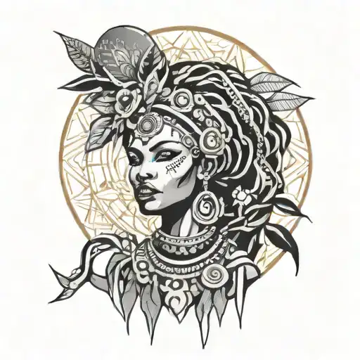 African goddess surrounded tattoo design idea