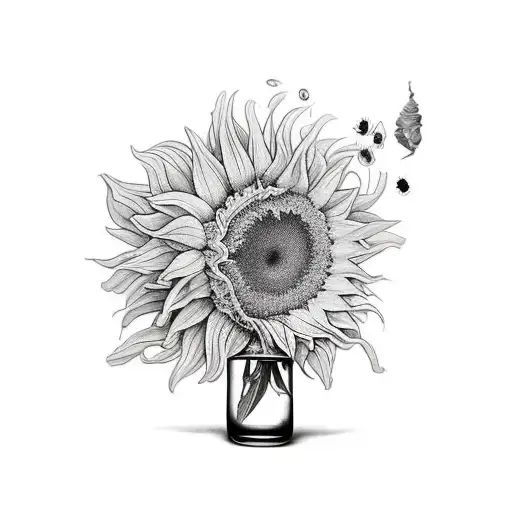 square big bottle containing falling wilted sunflowers tattoo design idea