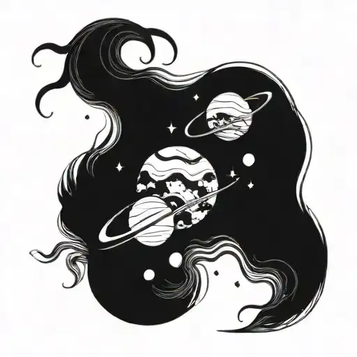 A cosmic landscape with planets and stars intertwined with flowing hair, symbolizing the connection between the client's love for space and their occupation as a hair stylist tattoo design idea