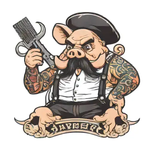 a humanoid barber pig with a mustache tattoo design idea