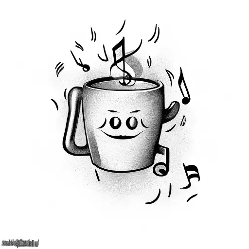 A coffee cup with a comedy mask pouring out musical notes tattoo design idea