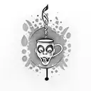 A coffee cup with a comedy mask pouring out musical notes tattoo design idea