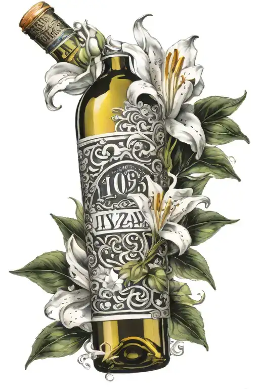 white wine bottle with a white lily on the label and '10/31/2024 made in italy' at the bottom tattoo design idea