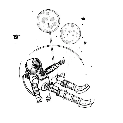 an astronaut falling in space, reaching his hand to a flower tattoo design idea