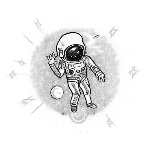 dead astronaut body falling throug space with visible scull, reaching his hand to the star tattoo design idea