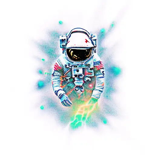 dead astronaut body falling throug space with visible scull, reaching his hand to the star tattoo design idea