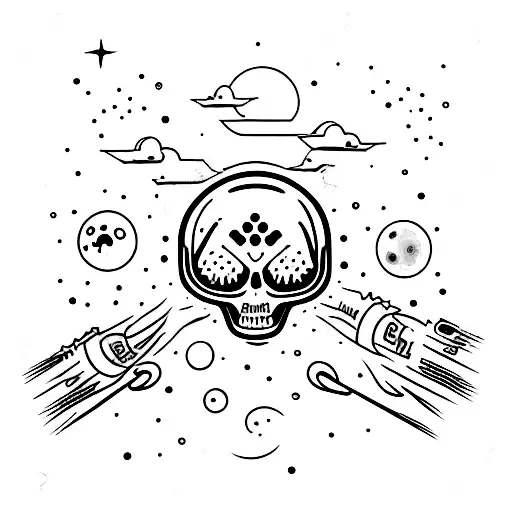 dead astronaut body falling throug space with visible scull, reaching his hand to the star tattoo design idea