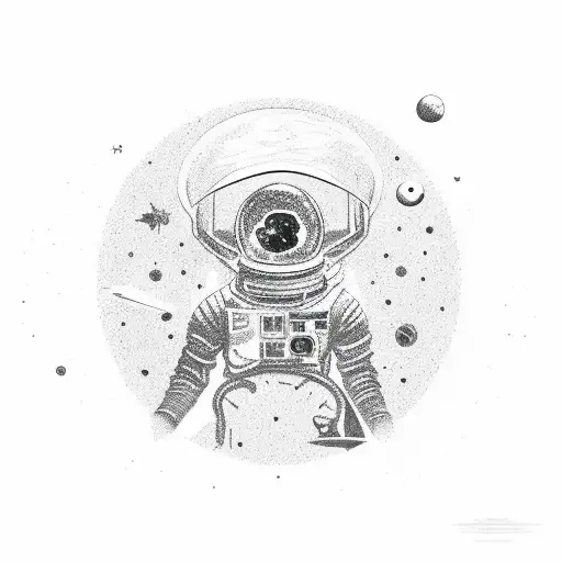 dead astronaut body falling throug space with visible scull, reaching his hand to the star tattoo design idea