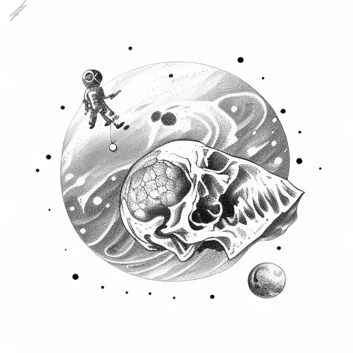 dead astronaut body falling throug space with visible scull, reaching his hand to the star tattoo design idea
