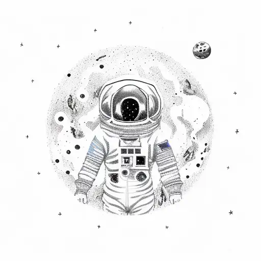 dead astronaut body falling throug space with visible scull, reaching his hand to the star tattoo design idea
