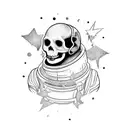 dead astronaut falling throug space with visible scull, reacghing his hand to the star tattoo design idea