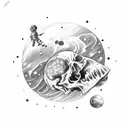 dead astronaut body falling throug space with visible scull, reaching his hand to the star tattoo design idea