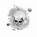 dead astronaut body falling throug space with visible scull, reaching his hand to the star tattoo design idea