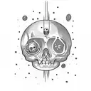 dead astronaut body falling throug space with visible scull, reaching his hand to the star tattoo design idea