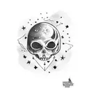 dead astronaut body falling throug space with visible scull, reaching his hand to the star tattoo design idea