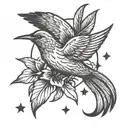 A small, minimalist design featuring a single bird in flight, symbolizing freedom, accompanied by a small star and heart tattoo design idea