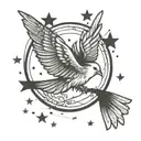 A small, minimalist design featuring a single bird in flight, symbolizing freedom, accompanied by a small star and heart tattoo design idea
