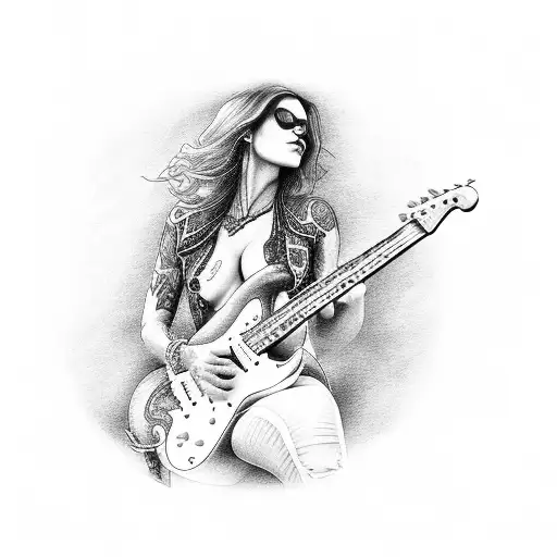 A sexy rock goddess playing a guitar on a stage with flames in the background tattoo design idea