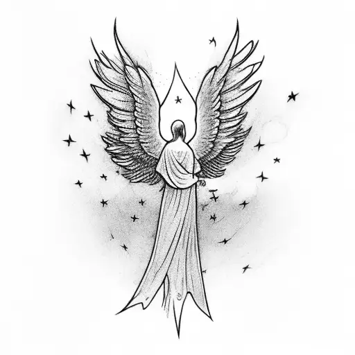A majestic angel soaring through the night sky with a white dove perched on its shoulder tattoo design idea