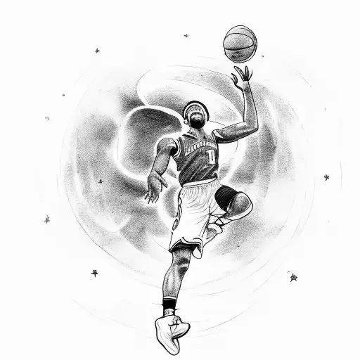 A basketball player leaping towards the heavens, surrounded by a celestial sky and a white dove flying above tattoo design idea