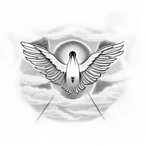An intricate design featuring a white dove in flight, with angel wings spread wide against a backdrop of a starry night sky tattoo design idea