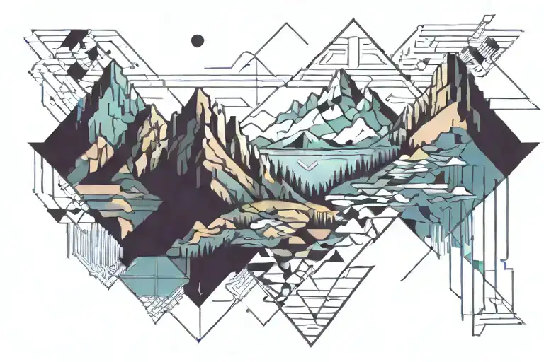 Pixelated Mountain Landscape with cyber sigilism tattoo tattoo design idea