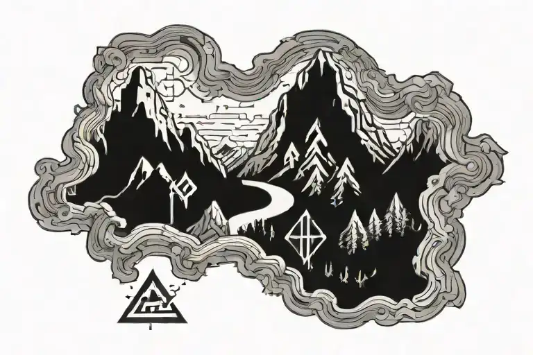 Pixelated Mountain Landscape with cyber sigil tattoo design idea