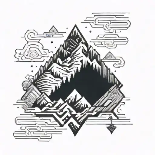 Pixelated Mountain Landscape with cyber sigil simple logo tattoo design idea