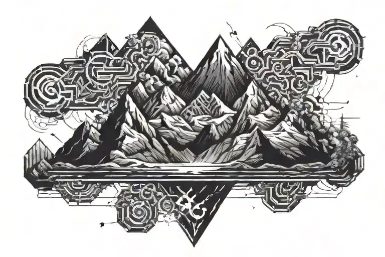 Pixelated Mountain Landscape with cyber sigil tattoo design idea