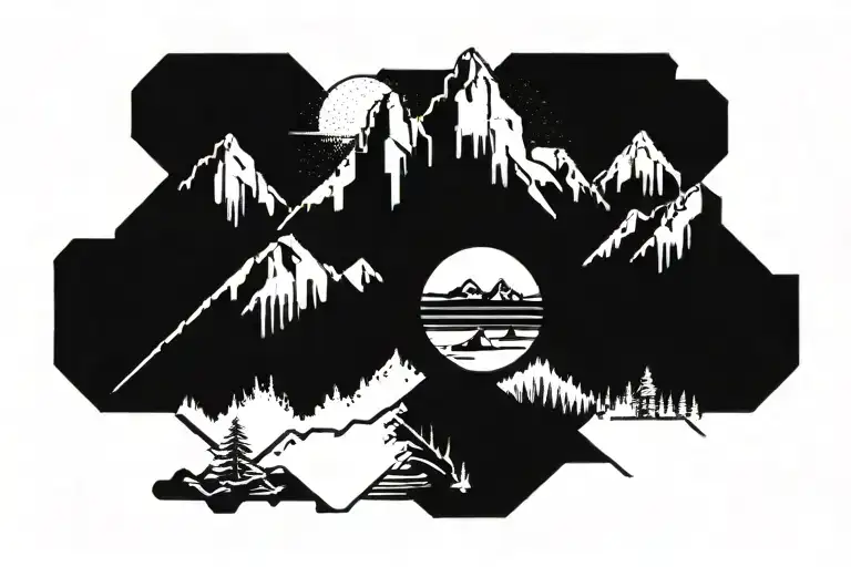 Pixelated Mountain Landscape with cyber sigilism tattoo tattoo design idea