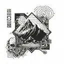 Pixelated Mountain Landscape with cyber sigil simple logo tattoo design idea