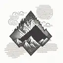 Pixelated Mountain Landscape with cyber sigil simple logo tattoo design idea