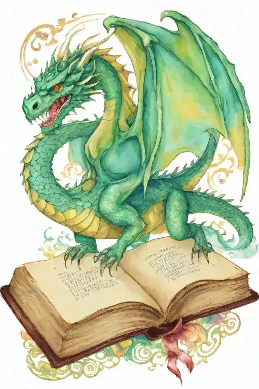  dragon flying over a book style illustration tattoo design idea
