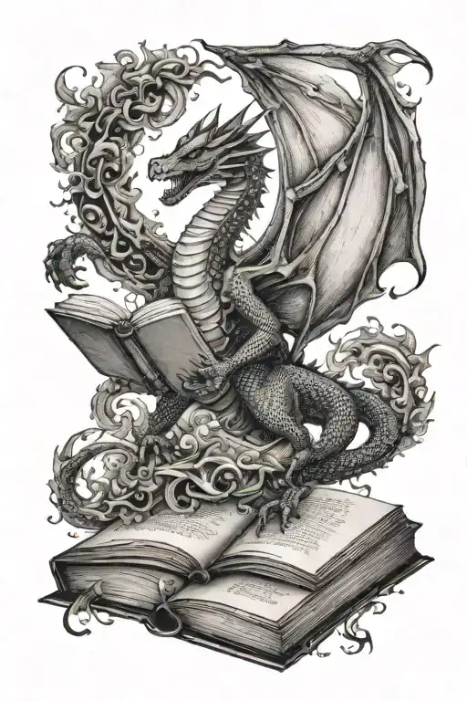 dragon flying over a book open tattoo design idea