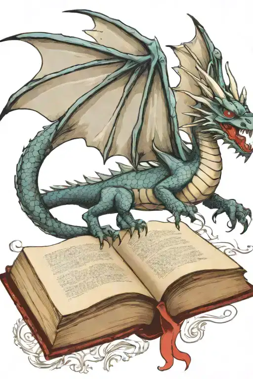  dragon flying over a book style illustration tattoo design idea