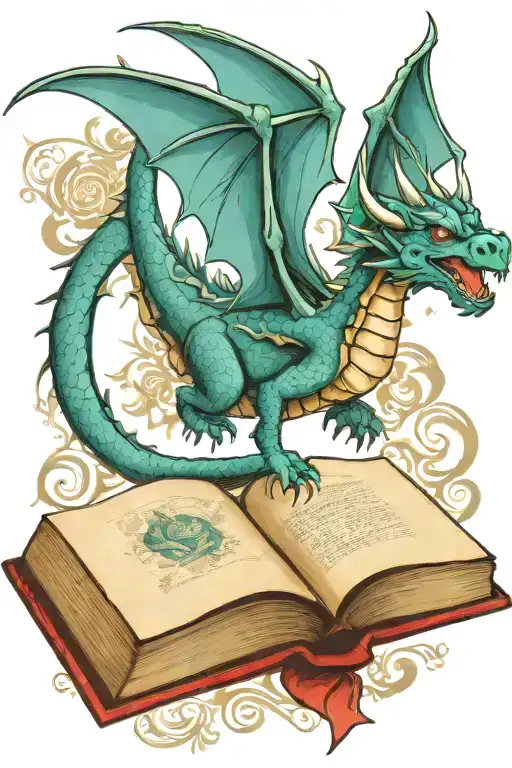  dragon flying over a book style illustration tattoo design idea