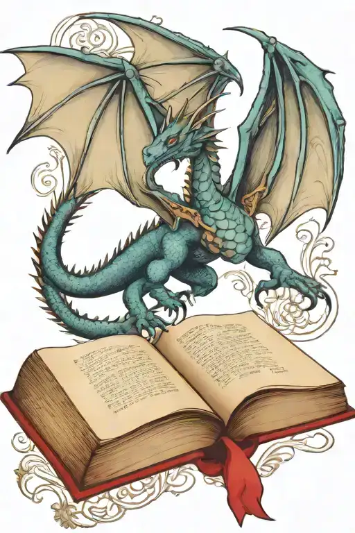  dragon flying over a book style illustration tattoo design idea