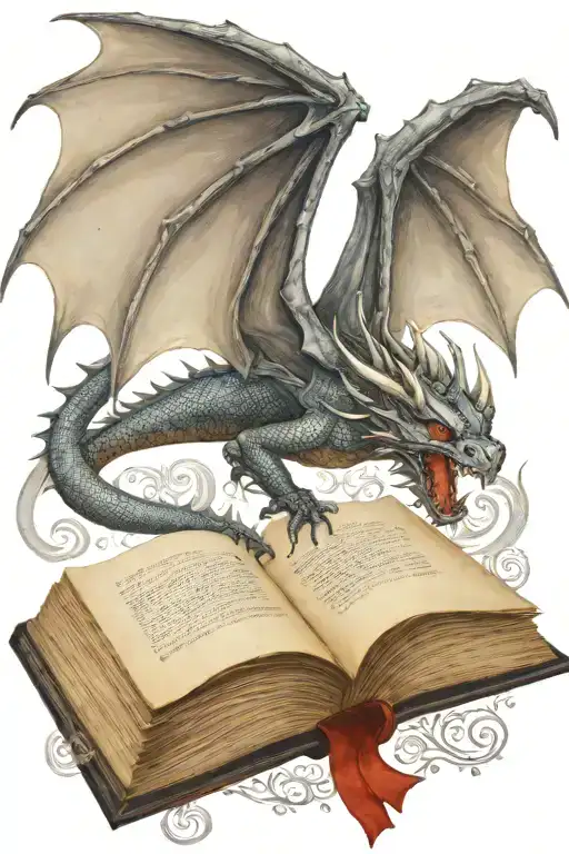 medieval dragon flying over a book tattoo design idea