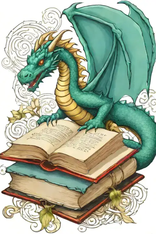  dragon flying over a book style illustration tattoo design idea
