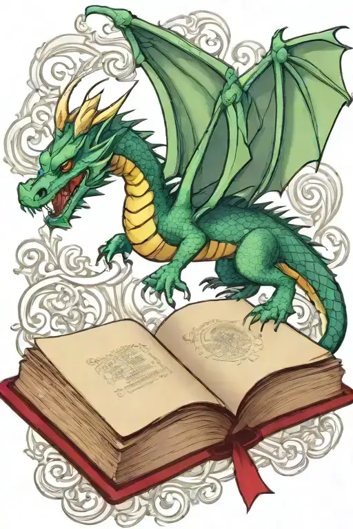  dragon flying over a book style illustration tattoo design idea