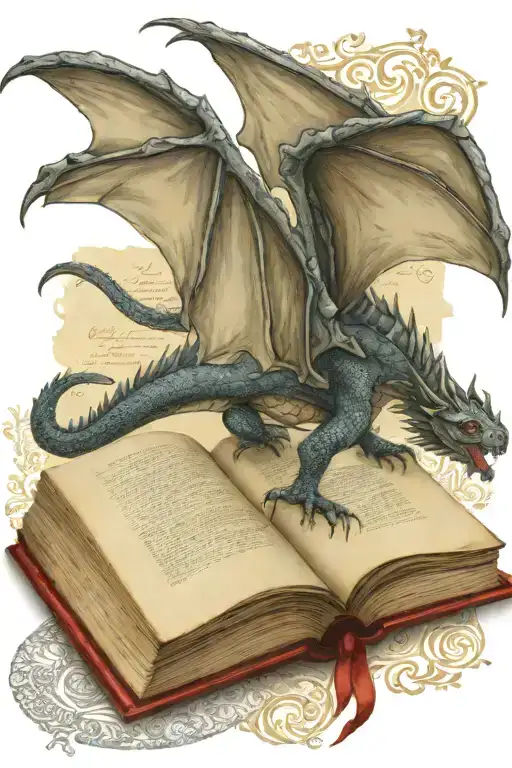 medieval dragon flying over a book tattoo design idea