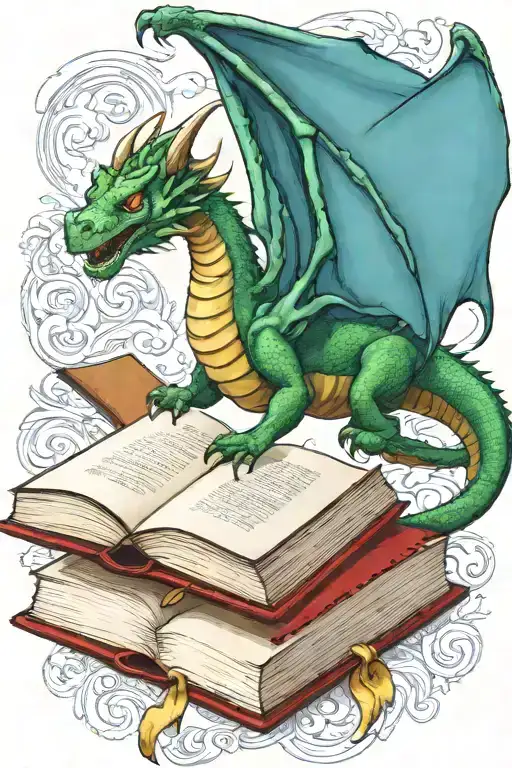  dragon flying over a book style illustration tattoo design idea