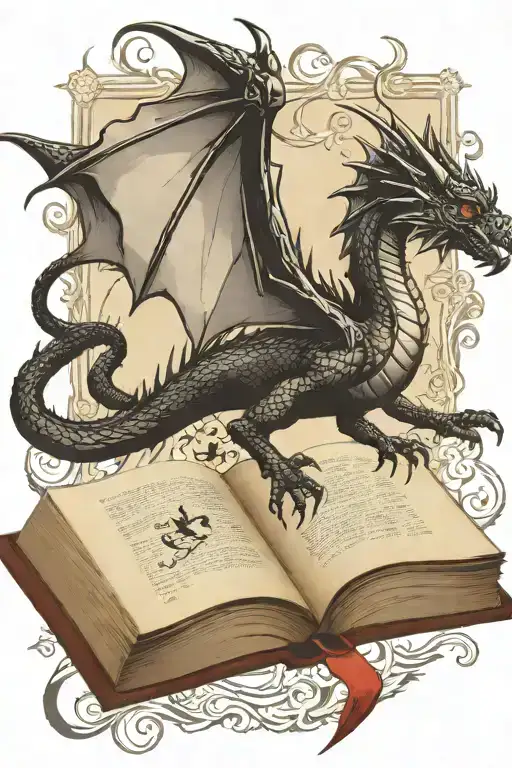 medieval dragon flying over a book tattoo design idea