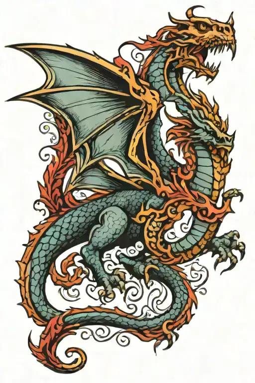 medieval dragon flying tattoo design idea