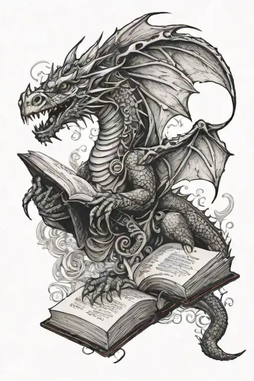 dragon flying leaving a book tattoo design idea