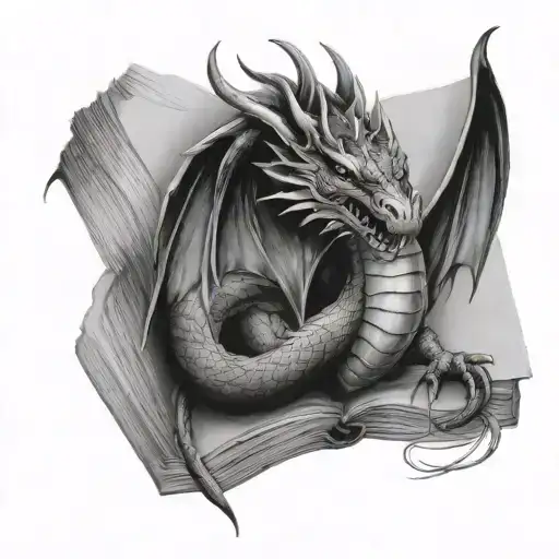 dragon over a book tattoo design idea